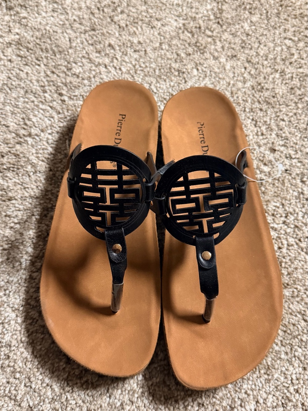 Pierre Dumas Black and Tan Cutout T-Strap Sandals